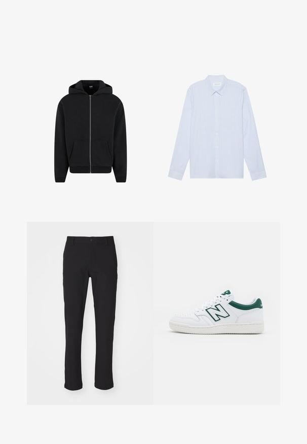 Svart zip-up huvtröja i mjukt tyg, med huva, framfickor och ribbade ärmar och fåll. Enkelt mönster utan tryck.; Ljusblå randig långärmad skjorta med knappar. Har en traditionell krage, vita knappar och ett mjukt bomullsblandat tyg.; Svarta byxor i ett slätt tyg, med knappstängning, slim fit rak passform och utan synliga mönster eller detaljer.; Vit sneaker med gröna accenter, läderöverdel, perforerat tåparti, snörning och texturerad gummisula. Har en framträdande "N"-logotyp.