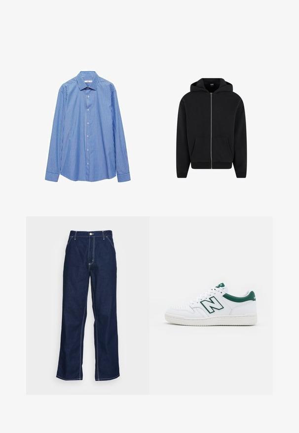 Felpa con zip nera realizzata in tessuto morbido, dotata di cappuccio, tasche frontali e polsini e orlo a costine. Design semplice senza motivi.; Camicia a maniche lunghe a righe blu e bianche con colletto a punta e chiusura frontale con bottoni. Il tessuto appare liscio e leggero.; Pantaloni in denim blu scuro con gambe ampie, caratterizzati da una vita alta, tasche frontali e cuciture bianche a contrasto lungo le cuciture.; Sneaker bianco con accenti verdi, tomaia in pelle, punta perforata, chiusura con lacci e suola in gomma testurizzata. Presenta un logo "N" ben visibile.