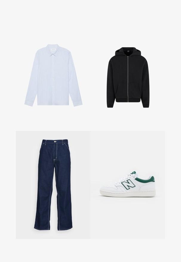 Hanorac negru cu fermoar, fabricat dintr-un material moale, având glugă, buzunare frontale și manșete și tiv ribbate. Design simplu, fără modele.; Cămașă cu dungi albastre deschise, cu mâneci lungi și nasturi. Prezintă o guler tradițional, nasturi albi și un material neted dintr-un amestec de bumbac.; Pantaloni din denim de colorare albastru închis, cu picioare largi, având talie înaltă, buzunare frontale și cusături albe contrastante pe lateral.; Adidași albi cu accente verzi, superior din piele, vârf perforat, închidere cu șireturi și talpă din cauciuc texturat. Prezintă un logo proeminent "N".