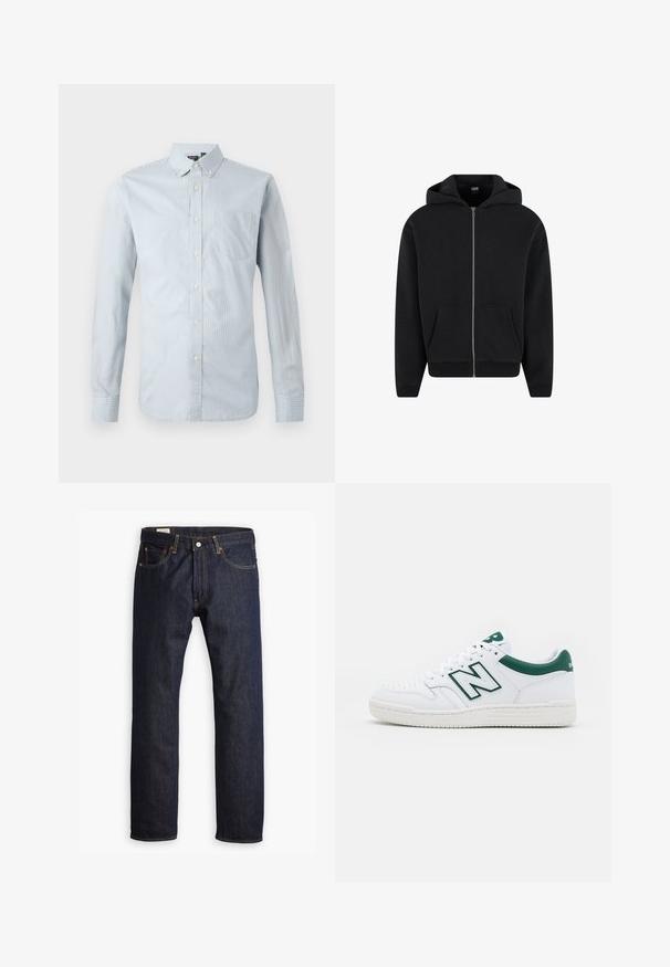 Črna zadrgo zaprta kapuca iz mehkega materiala, opremljena s kapuco, sprednjimi žepi ter rebrastimi manšetami in robom. Preprost dizajn brez vzorcev.; Srajca s gumbi v svetlo modri barvi z tankimi navpičnimi črtami. Ima ovratnik, dolge rokave, žep na levi strani prsi in detajle z gumbi.; Temno modri kavbojki z ravnim krojem, oranžnim šivom in petimi žepi ter kovinskim gumbom za zapiranje.; Bela teniska z zelenimi detajli, zgornji del iz usnja, perforiran prst, vezalna zapirala in teksturiran gumijast podplat. Ima izstopajoč logotip "N".