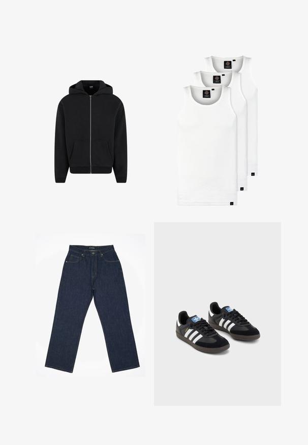 Melnas rāvējslēdzēja kapuces jaka, izgatavota no mīksta auduma, ar kapuci, priekšējām kabatām un ribotām piedurknēm un apakšmalu. Vienkāršs dizains bez rakstiem.; Trīs baltas ribotas krūšturi, kas izgatavoti no kokvilnas. Iezīmēti ar apaļu kakla izgriezumu un maziem melniem etiķetēm tuvu apakšmalai. Pieejami vairākos izmēros.; Tumši zili džinsa bikses ar taisnu kāju dizainu, ar dzelteno šuvumu, piecām kabatām un pogu aizdari jostasvietā.; Melnas sporta apavas ar zamšādas un sintētisku augšdaļu, ar trim baltām svītrām, teksturētu gumijas zoli un zilu logo birku uz mēles.