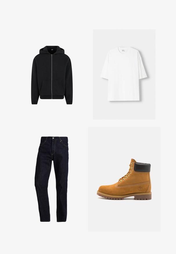 Musta vetoketjuhuppari, joka on valmistettu pehmeästä kankaasta. Siinä on huppu, etutaskut ja ribatut hihansuut sekä helma. Yksinkertainen muotoilu ilman kuvioita.; Valkoinen lyhythihainen t-paita, joka on valmistettu puuvillasta, ominaisuutenaan pyöreä pääntie ja rento istuvuus. Sileä pinta, ilman näkyviä kuvioita tai yksityiskohtia.; Tummansiniset farkut suoran leikkauksen avulla, joissa on keltaiset ompeleet, viisi taskua sekä klassinen nappi- ja vetoketjusuljin.; Valkoinen nahkainen nilkkuri mustalla pehmustetulla kauluksella, kultaisilla metallisilla rei'illä, valkoisella ompeluksella ja jykevällä kumipohjalla, jossa on selvästi näkyvät urat.