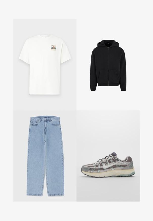 Musta vetoketjuhuppari, joka on valmistettu pehmeästä kankaasta. Siinä on huppu, etutaskut ja ribatut hihansuut sekä helma. Yksinkertainen muotoilu ilman kuvioita.; Valkoinen puuvillainen lyhythihainen t-paita, jossa vasemmassa rinnassa pieni, värikäs vuoristo- ja aurinkokuvio. Klassinen pyöreä pääntie.; Vaaleansiniset farkut suoran lahkeen muotoilulla, joissa on puolivälin vyötärö, viisi taskua sekä nappi- ja vetoketjusuljenta.; Harmaa urheilukenkä, jossa on verkko- ja mokkanahkainen yläosa, valkoiset yksityiskohdat, pehmustettu pohja ja erottuva muotoilu heijastavilla elementeillä.