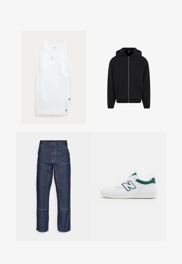Czarny rozpinany polar wykonany z miękkiego materiału, z kapturem, przednimi kieszeniami oraz ściągaczami przy mankietach i na dole. Prosty design bez wzorów.; Białe bawełniane bokserki w zestawie po dwie, z klasycznym okrągłym dekoltem i małym haftowanym logo w lewym dolnym rogu.; Granatowe dżinsy z wysokim stanem, prostym krojem nogawek, kontrastowym wykończeniem szwów oraz kieszeniami naszytymi z przodu.; Białe trampki z zielonymi akcentami, skórzana cholewka, perforowany nosek, klasyczne sznurowanie i teksturowana gumowa podeszwa. Posiada wyraźne logo "N".