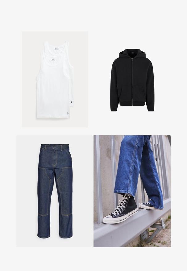 Fekete cipzáras kapucnis pulóver, puha anyagból készült, elől zsebekkel és bordázott mandzsettákkal, valamint aljjal. Egyszerű kialakítás, minta nélkül.; Fehér pamut trikó két darabos szettben, klasszikus kerek nyakkivágással és apró hímzett logóval a bal alsó sarokban.; Sötétkék farmernadrág, magas derekú, egyenes szárú dizájnnal, kontrasztos varrással és elülső zsebekkel.; Fekete magasszárú sportcipők fehér talppal és fűzővel, laza kék farmernadrággal párosítva, egy szürke korlát tetején pihenve.