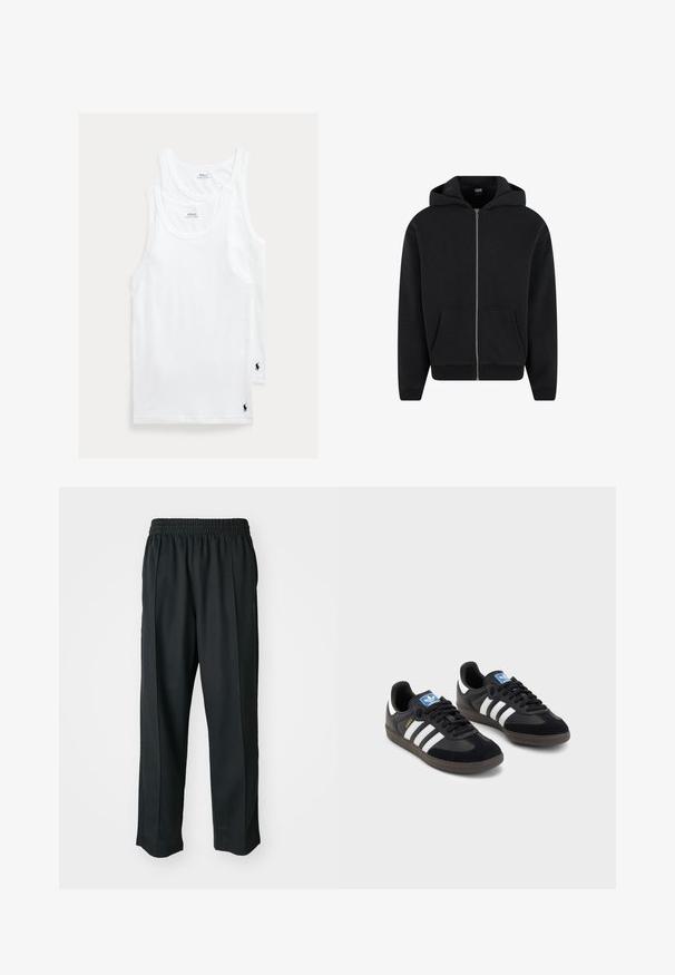 Fekete cipzáras kapucnis pulóver, puha anyagból készült, elől zsebekkel és bordázott mandzsettákkal, valamint aljjal. Egyszerű kialakítás, minta nélkül.; Fehér pamut trikó két darabos szettben, klasszikus kerek nyakkivágással és apró hímzett logóval a bal alsó sarokban.; Fekete sportnadrág rugalmas derékkal, sima anyagból készült, finom oldalvarrással és laza illeszkedéssel, egyenes lábdesignnal.; Fekete sportcipők, velúrból és szintetikus anyagból készült felsőrésszel, három fehér csíkkal, textúrázott gumitalppal és kék logó címkével a nyelvén.