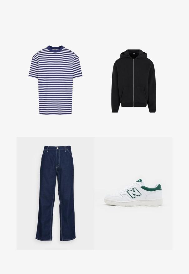 Černá mikina s kapucí na zip vyrobená z měkké látky, která má kapuci, přední kapsy a žebrované manžety a lem. Jednoduchý design bez vzorů.; Krátký rukáv pruhované tričko s námořnickými modrými a bílými vodorovnými pruhy, kulatý výstřih, volný střih a příjemný bavlněný materiál.; Tmavě modré džíny s volnými nohavicemi, vysokým pasem, předními kapsami a kontrastním bílým šitím podél švů.; Bílé tenisky s přízí v zelené barvě, kožený svršek, perforovaný špička, šněrování a texturovaná gumová podrážka. Vyznačují se výrazným logem "N".