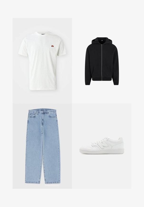 Svart zip-up hettegenser laget av myk stoff, med hette, frontlommer og ribbede mansjetter og nederkant. Enkel design uten mønstre.; Ellesse GAUGUIN TEE - T-shirts - off white; Lyseblå denimjeans med rett ben-design, med mid-rise liv, fem lommer og knap og lynlås lukning.; Hvit sneakers laget av glatt lær, med perforert tå, en teksturert gummisåle, flate lisser og en fremtredende 'N' logo på siden.