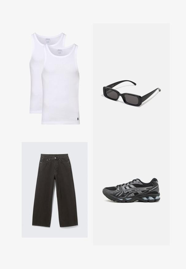Czarny rozpinany polar wykonany z miękkiego materiału, z kapturem, przednimi kieszeniami oraz ściągaczami przy mankietach i na dole. Prosty design bez wzorów.; Dwie białe bawełniane topy na ramiączkach z okrągłym dekoltem i bez rękawów. Każdy z nich posiada małe czarne logo na dolnym brzegu. Gładka faktura, prosty design.; Szerokie czarne dżinsy z wysokim stanem, pięcioma kieszeniami i zapięciem na guzik. Materiał ma miękkie, teksturowane wykończenie.; Czarne buty sportowe z siateczkową cholewką, srebrnymi akcentami i amortyzowaną podeszwą. Posiadają sznurowany design oraz teksturowany bieżnik dla lepszej przyczepności.; Czarne prostokątne okulary przeciwsłoneczne z ciemnymi szkłami, błyszczącym wykończeniem, szerokimi zausznikami i masywną konstrukcją. Wygrawerowana nazwa marki na jednym z zauszników.