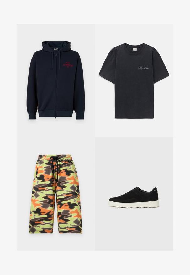 Tumesinine lukuga kapuutsiga jope, millel on ruumikas kapuuts, elastsed mansetid ja vöökoht. Rinnal on punase tekstiga "MILANO GYMNASIUM EA7". Pehme kangast tekstuur.; Must have lühikesed varrukad ümmarguse kaelusega must T-särk, millel vasakul rinnal on väike valge "Filling Pieces" teksti logo.; Roheline, oranž ja must kamoflaažimustriga lühikesed püksid. Valmistatud pehmest kangast, millel on elastne vöökoht ja reguleeritav nöör.; Mustad suede jooksujalatsid, millel on paelad ja kontrastne valge kummitald. Omab tekstuuriga külgpaneele ja tagasihoidlikku brändimist kandadel.