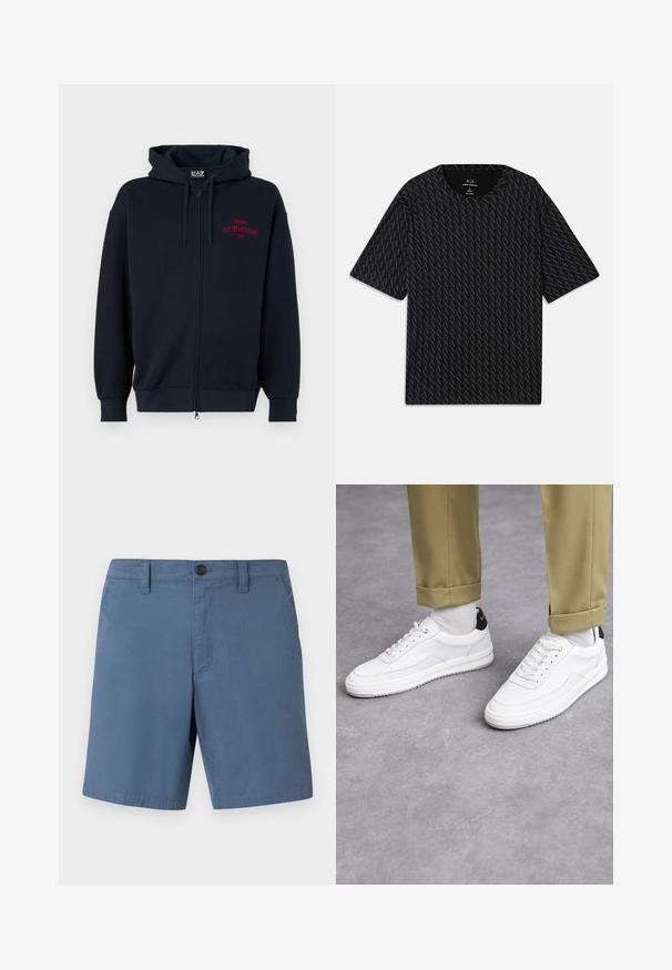 Marineblaues Reißverschluss-Hoodie mit einer geräumigen Kapuze, elastischen Bündchen und Saum. Auf der Brust befindet sich der rote Text "MILANO GYMNASIUM EA7". Weiche Stofftextur.; Schwarzes T-Shirt mit einem strukturierten Muster von abwechselnden "A"-Logos, kurzen Ärmeln und rundem Halsausschnitt. Hergestellt aus leichtem Stoff.; Blaue Baumwollshorts mit flachem Frontdesign, Knopfverschluss und Seitentaschen. Glatte Textur, knielanger Schnitt und keine sichtbaren Muster.; Weiße Sneakers mit einer strukturierten Lederoberfläche, abgerundeter Zehenpartie und schwarzem Fersenakzent. Gummisohle mit kleinem Profilmuster und genähten Details.