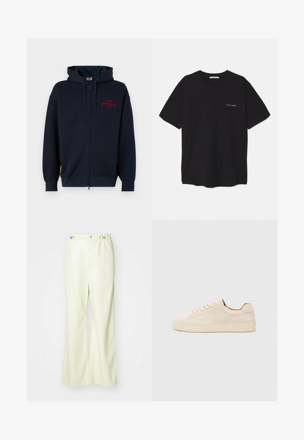 Marineblå zip-hoodie med en rummelig hætte, elastiske manchetter og talje. Har rød tekst "MILANO GYMNASIUM EA7" på brystet. Blødt stof tekstur.; Sort bomulds T-shirt med rund hals, korte ærmer og en hvid logo print på venstre bryst. Simpelt, ensfarvet design.; Lysgrønne vidde bukser lavet af glat, let blankt stof. Har en knap og elastisk talje med et rent, skræddersyet design.; Beige ruskinds sneaker med lavt design, rund tå, flade snørebånd og en tekstureret gummisål. Minimalistisk stil uden synlige logoer.