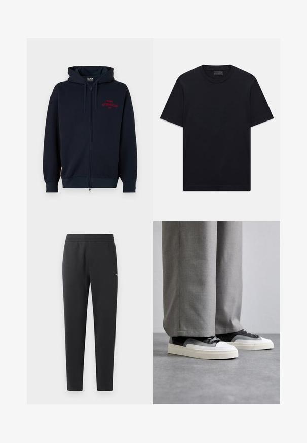 Navy zip-up hoodie with a spacious hood, elastic cuffs, and waistband. Features red text "MILANO GYMNASIUM EA7" on the chest. Soft fabric texture.; Black short-sleeve crew neck T-shirt with subtle embossed logo design centered on the chest and a branded tag inside the collar.; Black jogger pants made of soft fabric, featuring an elastic waistband, straight legs, and a single small logo detail on the side.; Filling Pieces RIVIERA - Trainers - grey
