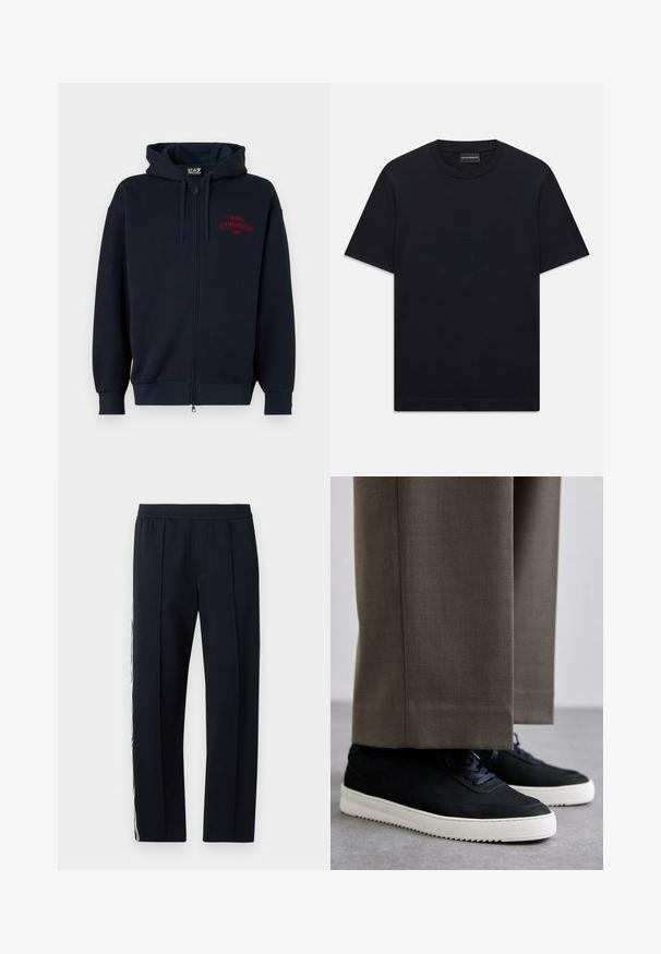 Tumesinine lukuga kapuutsiga jope, millel on ruumikas kapuuts, elastsed mansetid ja vöökoht. Rinnal on punase tekstiga "MILANO GYMNASIUM EA7". Pehme kangast tekstuur.; Must ja lühikeste varrukatega T-särk ümaratest kaelusest, diskreetne reljeefne logo disain, mis on keskendatud rinnale, ja kaubamärgiga silt kaeluses.; Mustad, kitsad püksid elastse vöökohaga, millel on kaks küljetaskut ja valge triip, mis kulgeb mööda välisseent. Sile tekstuur.; Mustad suleed sneakers valge kummist tallaga, ümarate varvaste ja paeltega, kantud hallide ülikonna pükste kõrval.