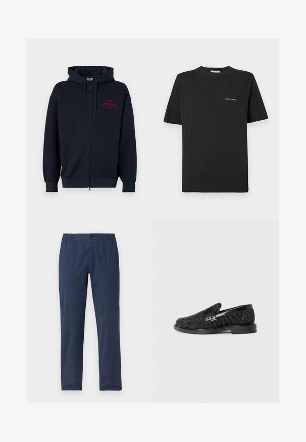 Marineblå zip-hoodie med en rummelig hætte, elastiske manchetter og talje. Har rød tekst "MILANO GYMNASIUM EA7" på brystet. Blødt stof tekstur.; Sort bomulds T-shirt med rund halsudskæring, korte ærmer og et lille hvidt "TIGER OF SWEDEN" logo på brystet. Klassisk pasform.; Marineblå bukser med en afslappet pasform, udstyret med et elastisk taljebånd, en knaplukning og glat stof med minimal tekstur.; Sort vævet slip-on sko med en glat læderdetalje på overdelen, en rund tådesign og en lavprofil gummisål.