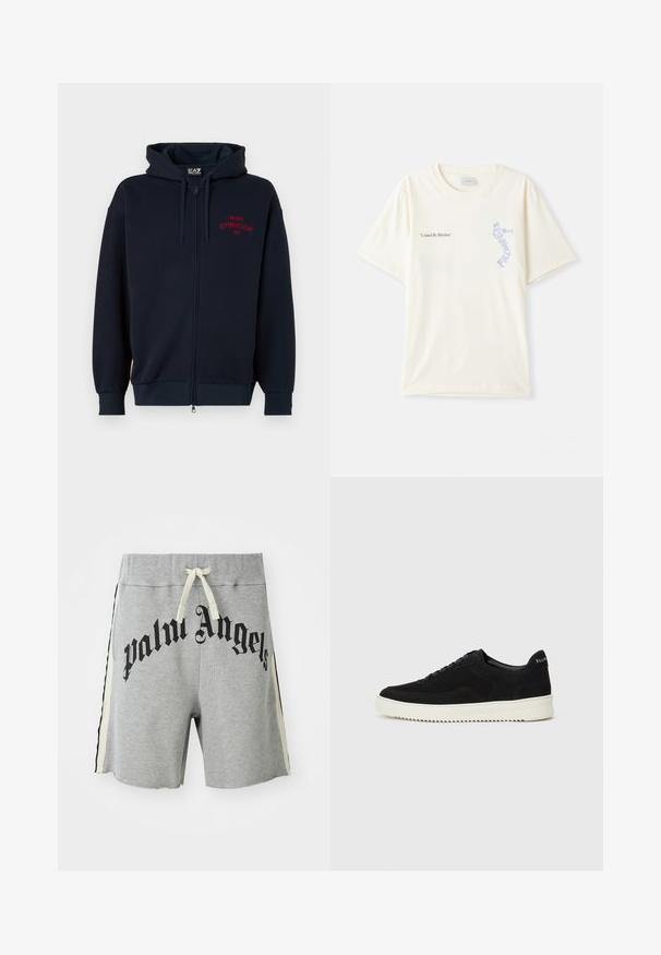 Navy kék zipzáras kapucnis pulóver tágas kapucnival, elasztikus mandzsettákkal és derékrésszel. Az mellkasán piros felirat: "MILANO GYMNASIUM EA7". Puha anyagú.; Fehér pamut póló rövid ujjakkal, az „Egy ritmus által összekapcsolva” felirattal fekete és kék grafikával a mellkason. Kerek nyakú kialakítás.; Világosszürke sportos nadrág krém színű húzózsinórral, fekete és krém színű oldalsávokkal, valamint nagy fekete "Palm Angels" felirattal elöl.; Fekete velúr sportcipő fűzős dizájnnal és kontrasztos fehér gumitalppal. Jellemzői a textúrázott oldalpanelek és a diszkrét logó a sarokon.