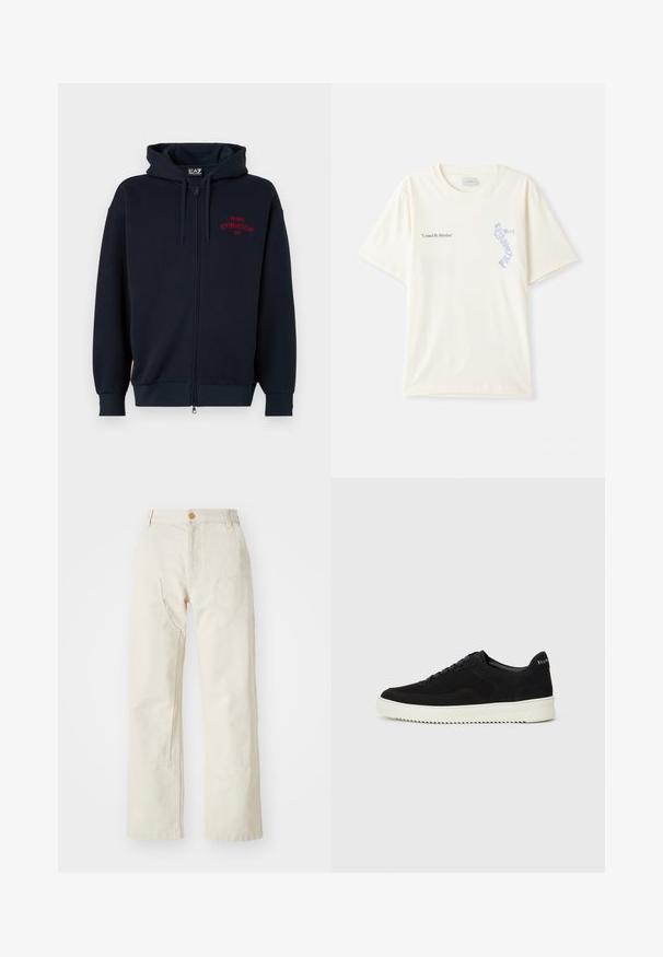 Merihenkinen vetoketjullinen huppari, jossa on tilava huppu, joustavat hihansuut ja vyötärö. Rinnassa on punainen teksti "MILANO GYMNASIUM EA7". Pehmeä kangas.; Valkoinen puuvillainen t-paita lyhyillä hihoilla, jossa on "United By Rhythm" -teksti mustana ja sinisenä grafiikkana rinnassa. Pyöreä kaulus.; Beige leveleinihousut, jotka on valmistettu puuvillasta, joissa on nappisulku, kaksi sivutaskua ja suora leikkaus, sekä sileä pinta.; Mustat mokkakengät nauhoilla ja kontrastivalkoisella kumipohjalla. Varustettu teksturoiduilla sivupaneeleilla ja huomaamattomalla brändäyksellä kantapäässä.