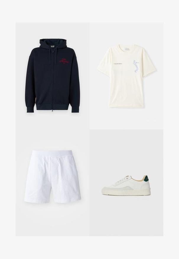 Tamsiai mėlynas užtrauktukas džemperis su erdvia kapišonu, elastingomis rankogaliais ir juosmeniu. Krūtinėje yra raudonas užrašas "MILANO GYMNASIUM EA7". Minkšta medžiagos tekstūra.; Balta medvilninė marškinėliai trumpomis rankovėmis, su juodu ir mėlynu užrašu „United By Rhythm“ ant krūtinės. Apvalaus iškirpimo dizainas.; Balti medvilniniai šortai turi elastingą juosmenį, dvi šonines kišenes ir laisvą prigludimą. Lygus paviršius be matomų raštų ar akcentų.; Baltos sportbačiai su zomšos akcentais, apvaliu nosiu, plokščiais raišteliais ir kreminės spalvos guminiu padu. Ant kulno yra žalia ženklinimo detalė.