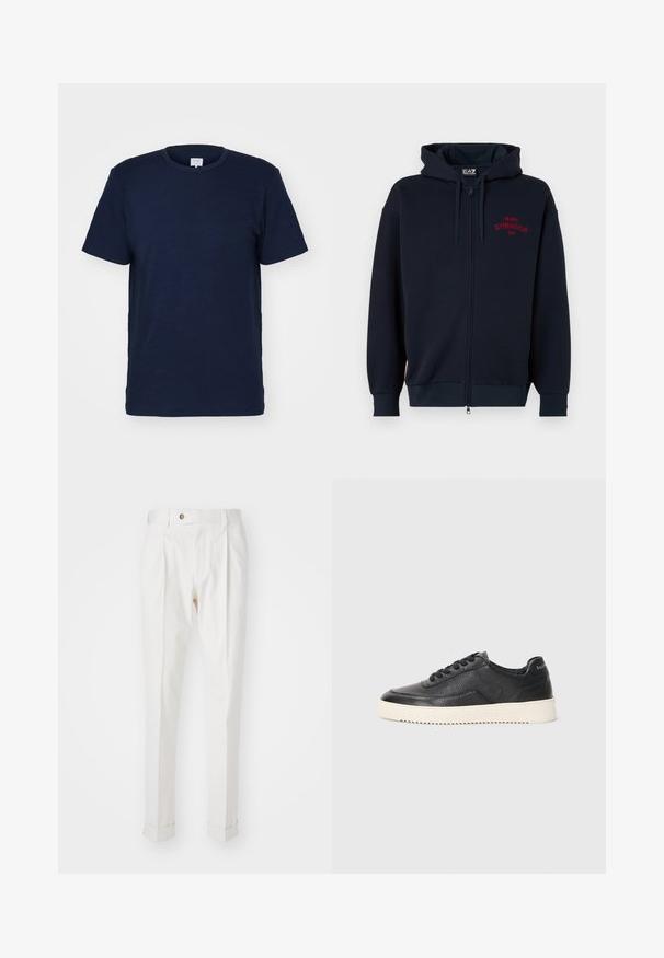 Marine blauwe zip-up hoodie met een ruime capuchon, elastische manchetten en tailleband. Voorzien van rode tekst "MILANO GYMNASIUM EA7" op de borst. Zachte stof.; Korte mouwen navyblauwe t-shirt met ronde hals, gemaakt van zacht materiaal, met een gladde textuur en een eenvoudig ontwerp zonder patronen.; Witte, op maat gemaakte broeken met een platte voorkant, twee plooien en omgeslagen pijpen. Gemaakt van een gladde stof met een knoopsluiting in de taille.; Zwarte leren sneaker met een gestructureerde afwerking, ronde neus en platte witte rubberen zool. Voorzien van zwarte veters en merklabel op de hiel.