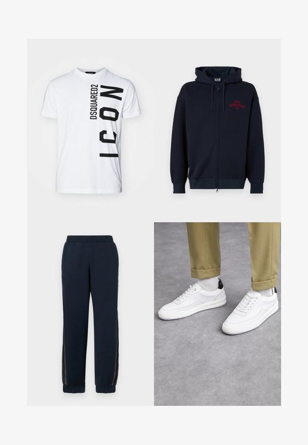 Felpa con zip di colore blu navy, dotata di un cappuccio ampio, polsini e vita elasticizzati. Presenta il testo rosso "MILANO GYMNASIUM EA7" sul petto. Tessuto morbido al tatto.; T-shirt bianca in cotone con colletto a girocollo, caratterizzata da un audace testo verticale nero "DSQUARED2 ICON". Maniche corte e vestibilità rilassata.; Pantaloni da tuta navy con una texture morbida, polsini affusolati e pannelli laterali in rete. Vita elasticizzata per comfort e vestibilità informale.; Sneaker bianchi con finitura in pelle testurizzata, punta arrotondata e accentuazione nera sul tallone. Suola in gomma con piccolo motivo di battistrada e dettagli cuciti.