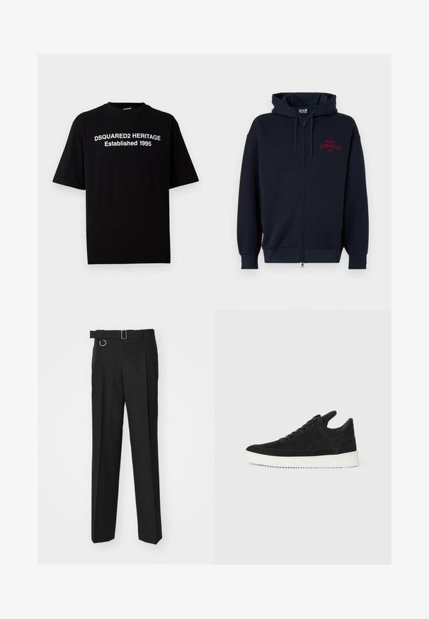 Jūras spēku zipsvārki ar plašu kapuci, elastīgiem aproču un jostas galiem. Uz krūtīm redzams sarkans uzraksts "MILANO GYMNASIUM EA7". Mīksts auduma textura.; Melna īsām piedurknēm t-kreklu no kokvilnas ar apļa kakla, ar baltu tekstu: "DSQUARED2 HERITAGE Established 1995" priekšpusē.; Études LOOSE SUIT PANT - Uzvalka bikses - black; Melna zamša apavi ar baltu gumijas zoli, ar tonālu izšuvumu un auklu dizainu. Gluda tekstūra ar mūsdienīgu, plūstošu formu.