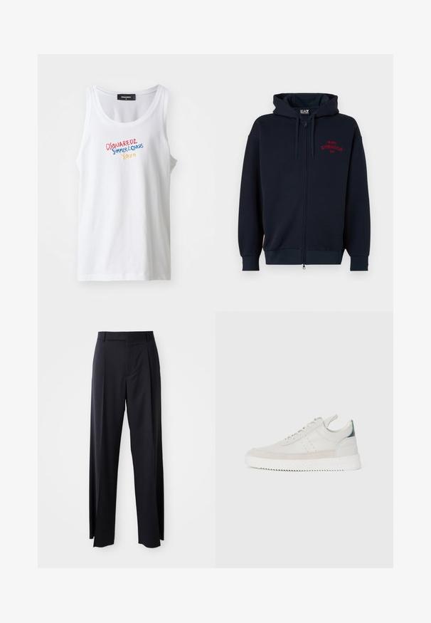 Mornarsko zip-up kapuco z obsežno kapuco, elastičnimi manšetami in pasom. Na prsih je rdeč napis "MILANO GYMNASIUM EA7". Mehka tekstura tkanine.; Bela bomba iz bombaža s slikovitim vezenim besedilom "DSQUARED2 SUMMER LOVERS XOXO" spredaj. Oblika okroglega vratu.; Črne hlače visoke pasu s širokimi nogavicami, narejene iz gladkega blaga. Imajo sprednje gube in zanko za pas. Minimalističen dizajn, brez vidnih dodatkov.; Beli usnjeni športni čeveljčki z sivo alkantaro, z vezalkami, z ježkom in teksturiranim gumijastim podplatom s cik-cak vzorcem.