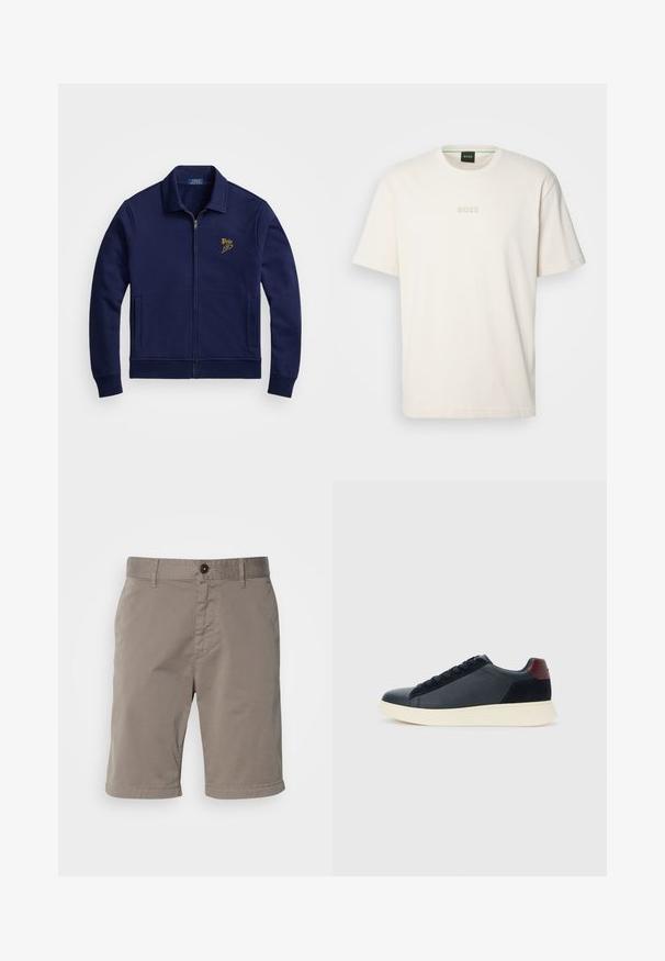 Námořnická modrá zipová bunda vyrobená z měkké tkaniny, se límcem, dvěma bočními kapsami a zlatě vyšívaným logem na horní levé části hrudi.; BOSS TEE - Jednoduché tričko - open white; Pánské krátké kalhoty v světle šedé barvě, vyrobené z bavlněného materiálu. Disponují zapínáním na knoflík, poutky na opasek a hladkou texturou.; Nízké pánské tenisky z černé kůže a semiše s vínovým patním páskem a bílou gumovou podrážkou, pohled z vnější strany.