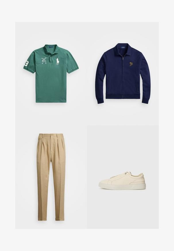 Tamsiai mėlynas zip-up džemperis, pagamintas iš minkštos medžiagos, su apykakle, dviem šoninėmis kišenėmis ir auksiniu siuvinėjimu kairėje krūtinės pusėje.; Žalias medvilninis polo marškinėliai su klasikiniu apykakle, trumpomis rankovėmis ir siuvinėjimais su logotipais bei numeriu priekyje ir ant rankovės.; Bežinės lininės kelnės tiesaus kirpimo, turinčios dvi priekinės klostes, sagų užsegimą ir šonines kišenes. Tekstūruotas audinys su lygiu paviršiumi.; Kreminio odos sportbačiai su apvaliu nosiu, minimalistiniu dizainu, subtiliomis siuvimo detalėmis ir tekstūrine viršutine dalimi, ant šviesios pado.