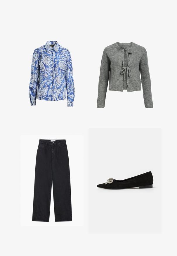 Szürke kötött pulóver kerek nyakkivágással, hosszú ujjakkal és elöl megkötős záródással. A textúra bordás, ami kényelmes megjelenést kölcsönöz.; Kék mintás selyemblúz, virágos paisley mintával, hosszú ujjakkal, gombos záródással és klasszikus gallérral.; Fekete, magas derekú, bő szárú farmernadrág, elülső gombos és cipzáras záródással, övhurkokkal és öt zsebes stílussal.; Fekete velúr lapos cipő, hegyes orral, díszes ezüst szalaggal a fronton, alacsony sarkú.