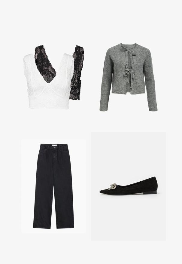 Halline hall kampsuun, millel on ümmargune kaelus, pikad varrukad ja ees sidumisvöö. Tekstuur on sooniline, luues hubase välimuse.; Sidetäisest pitsist rinnahoidjasett, millel on valge lillemuster ja must vaste. Mõlemal on V-kaelus ja laiad, detailirohked rihmad.; Mustad kõrgvööga laiad denimist teksad, millel on eesne nupp ja lukukinnis, vööaasad ning viis taskut.; Must mustast nahkking jalanõud terava varbaga, kaunistatud esiosas dekoratiivse hõbedase paelaga, madala kontsaga.