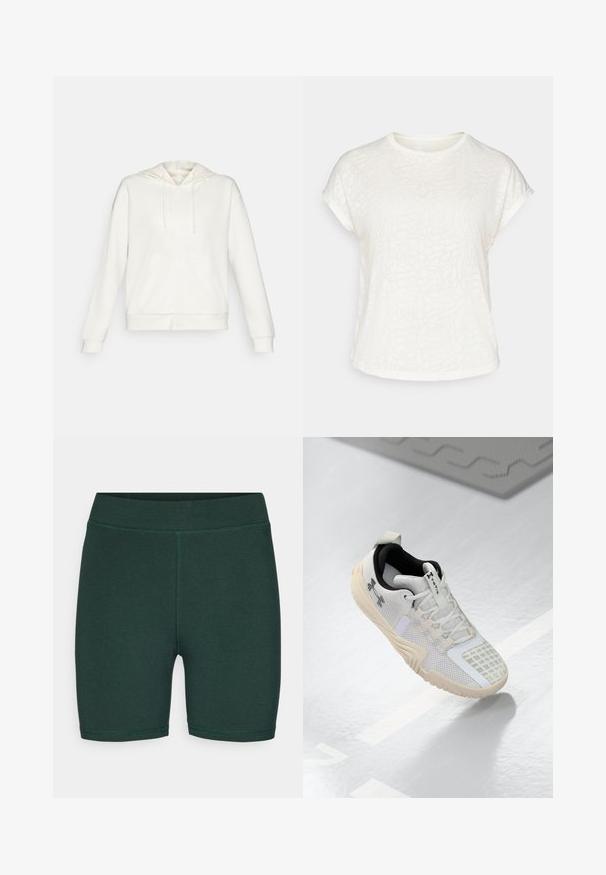 Fehér cipzáras kapucnis pulóver zsinóros kapucnival, oldalsó zsebekkel és bordás mandzsettákkal. Puha anyag, sima textúrával és egyszerű dizájnnal.; Fehér, rövid ujjú póló, texturált virágmintával, kerek nyakkivágással és laza szabású dizájnnal. Puha, könnyű anyagból készült.; ONLY Play ONPNOON LIFE SHORTS - Leggingek - scarab; Fehér sportcipő, textúrált hálós felsőrésszel, fekete belső résszel és bézs gumitalppal, amely mintás tapadást biztosít. Diszkrét részletekkel kiemelve.