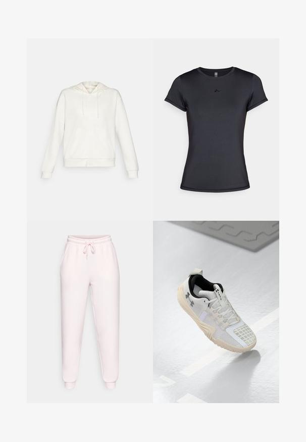 Hanorac alb cu fermoar, dotat cu glugă ajustabilă prin șnur, buzunare laterale și manșete ribbate. Material moale cu o textură netedă și un design simplu.; Tricou negru cu mânecă scurtă, realizat dintr-un material neted și respirabil, având un design minimal al logo-ului pe față. Guler clasic tip crew.; Pantaloni de trening roz deschis, confecționați dintr-un material moale, având o talie elastică cu șnur, buzunare laterale și glezne mansetate.; Pantofii sport albi, cu un superior din plasă texturată, un interior negru și o talpă din cauciuc bej cu un model antiderapant. Accentuati prin detalii subtile.