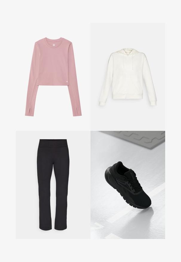 Witte hoodie met rits, voorzien van een trekkoordkap, zijzakken en geribbelde manchetten. Zacht materiaal met een gladde textuur en een eenvoudig ontwerp.; Langdouch, cropped top van zachte roze stof; heeft een ronde hals, duimgaten in de boorden en een klein logo op de zoom.; Zwarte leggings van een gladde, rekbare stof met een brede tailleband. Ze hebben rechte, volle lengtes en geen zichtbare patronen of accenten.; Zwarte sportschoen met een bovenwerk van mesh, ronde neus, cushioned zool en textuuraccenten, geplaatst op een gladde witte ondergrond.