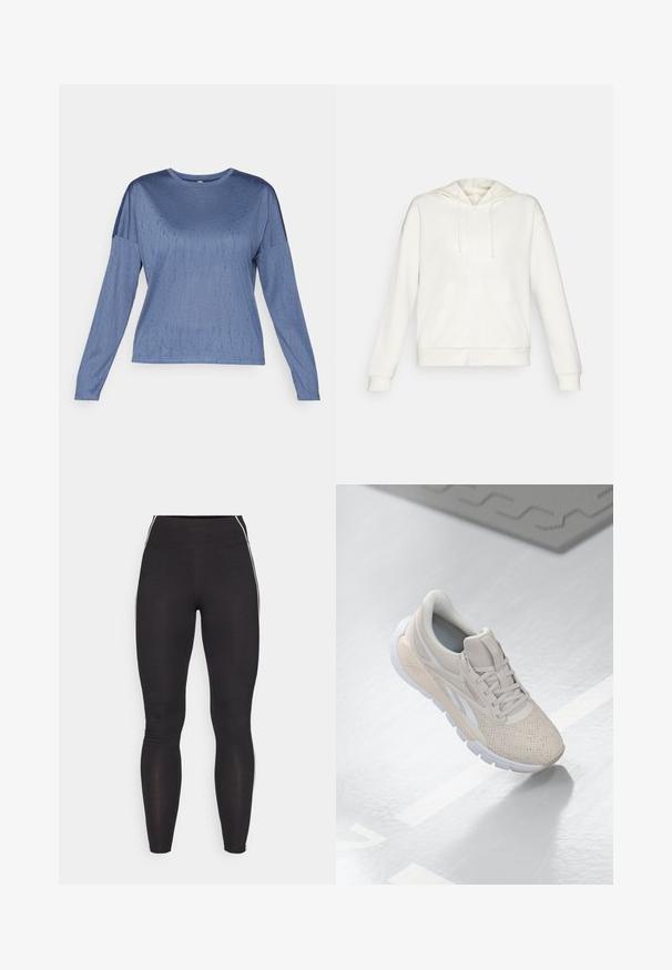 Bílá mikina na zip s kapucí na šňůrku, bočními kapsami a žebrovanými manžetami. Měkký materiál s hladkou texturou a jednoduchým designem.; Modrý top s dlouhými rukávy, který má hladkou texturu, kulatý výstřih a mírně spadlé ramena. Subtilní vzor dodává vizuální zajímavost.; Černé legíny vyrobené z pružného materiálu s vysokým pasem. Obsahují bílé boční pruhy a hladký povrch po celém obvodu.; Světlé béžové sportovní boty s perforovaným svrškem, texturovanými akcenty, polstrovaným límcem a bílou gumovou podešví, navržené pro pohodlí a prodyšnost.