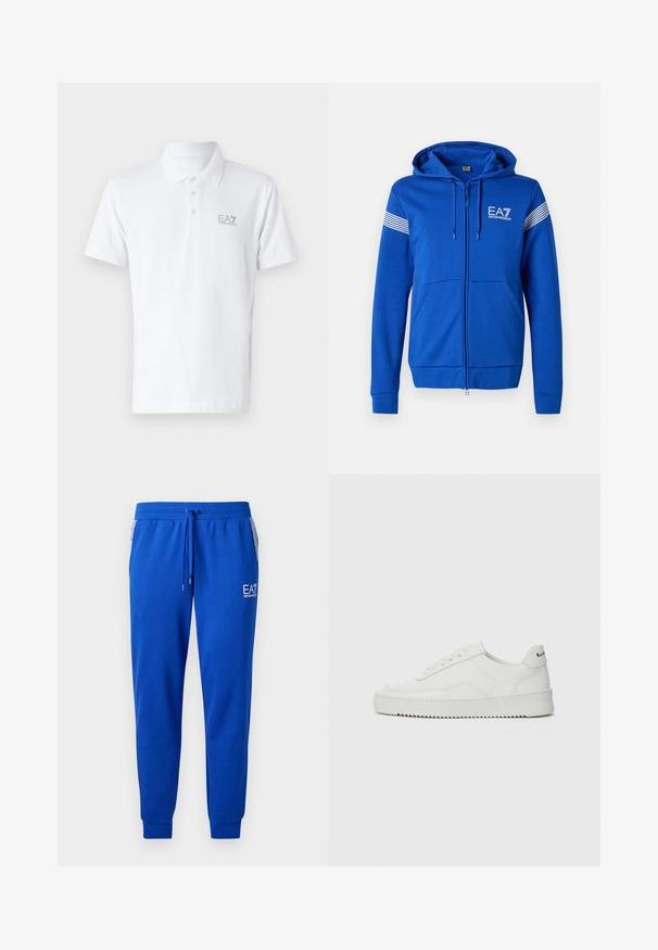 Blå hettejakke med glidelås, med en hvit EA7-logo, to lommer foran og stripete detaljer på ermene. Myk stofftekstur.; Hvit polo skjorte laget av bomull. Har klassisk krage, tre knapper, og lys grå EA7-logo på brystet. Korte ermer.; Blå joggebukser laget av myk stoff med elastisk midjebånd og snøring. Har et logo på benet og stripete sidelommer.; Hvite lærersneakers med en jevn overflate, rund tå, flate lisser og en teksturert såle. Har en subtil logo på hælen.