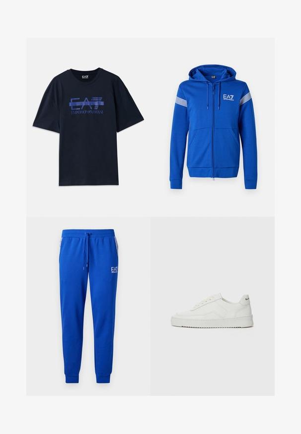 Mėlynas užtrauktuku užsidengiantis džemperis su gaubtu, puikuojantis baltu EA7 logotipu, dviem priekinėm kišenėm ir juostuotais akcentais ant rankovių. Minkštas audinio tekstūra.; Tamsiai mėlynas medvilninis marškinėlis su laisvai krentančia forma, kuris turi blizgantį EA7 Emporio Armani logotipą šviesiai mėlyna spalva per krūtinę.; Mėlynos sportinės kelnės, pagamintos iš minkštos medžiagos, su elastinga juosmeniu ir raišteliu. Dėvimos su logotipu ant kojos ir juostelėmis šoninėse kišenėse.; Balti odiniai sportiniai bateliai su lygia apdaila, apvaliu pirštu, plokščiais raišteliais ir tekstūruotu padu. Pasižymi subtiliu logotipu ant kulno.