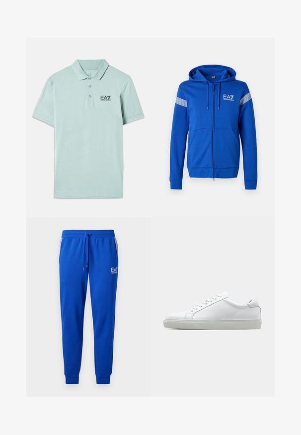 Blå zip-up hoodie med huva, med en vit EA7-logga, två framfickor och randiga detaljer på ärmarna. Mjukt tyg.; Ljus mintgrön polo-shirt i bomull. Har en knappad krage, korta ärmar och en svart broderad logotyp på bröstet.; Blå mjukisbyxor tillverkade av mjukt material med elastisk midja och snörning. Utrustade med en logotyp på benet och randiga sidofickor.; Vit sneaker med en slät läderövre och låg profil. Har en rundad tå, sex snörhål och en strukturerad gummisula.