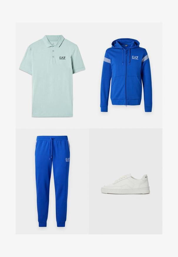 Kék, cipzáros kapucnis felső, fehér EA7 logóval, két elülső zsebbel és csíkozott díszítéssel a karokon. Puha textúrájú anyag.; Világos menta zöld pólóing, amely pamutból készült. Gombos gallérral, rövid ujjakkal és fekete hímzett logóval rendelkezik a mellkason.; Kék melegítőnadrág puha anyagból, elasztikus derékkal és húzózsinórral. A lábszárán logó, az oldalán csíkos zsebbel rendelkezik.; Fehér bőr sportcipő sima felülettel, kerek orral, lapos fűzőkkel és texturált talppal. Finom logó található a sarokon.