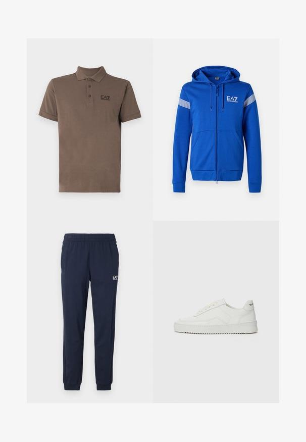 Blå hettejakke med glidelås, med en hvit EA7-logo, to lommer foran og stripete detaljer på ermene. Myk stofftekstur.; Brun polo skjorte laget av bomull, med krage, tre knappestolper, korte ermer og en logo i mørkegrått på venstre bryst.; Marineblå joggebukser med elastisk midje og mansjetter. Har en liten hvit logo på venstre ben. Laget av et mykt, elastisk materiale.; Hvite lærersneakers med en jevn overflate, rund tå, flate lisser og en teksturert såle. Har en subtil logo på hælen.