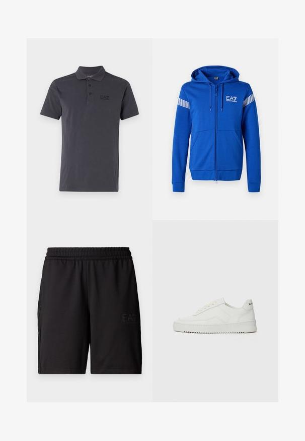 Sinine tõmblukkudega kapuutsiga sviiter, millel on valge EA7 logo, kaks eesmist taskut ja triibulised detailid varrukatel. Pehme kangatekstuuri tunne.; Tumehall puuvillane polo särk. Omab tüüpilist kraed, kolme nupuga esiosa, lühikesi varukaid ja toonilist logo rinnal.; Mustad mustad lühikesed püksid, mis on valmistatud kerge kangaga, painduva vöökoha ja võrkpaneelidega külgedel. Brändi logo on trükitud ette.; Valge nahast tennis, millel on sile põhi, ümar varvas, lamedad nöörid ja tekstuuriline tall. Sisaldab diskreetset logo kontsaribal.