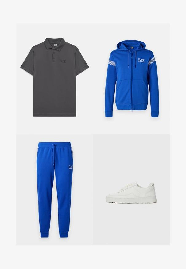 Modra zip-up jakna s kapuco, z belim logotipom EA7, dvema sprednjima žepoma in črtastimi poudarki na rokavih. Mehka tekstura tkanine.; Temno siva polo majica s kratkimi rokavi in tremi gumbi ter subtilnim logotipom EA7 Emporio Armani na levem prsnem delu.; Modre trenirke iz mehkega blaga z elastičnim pasom in vrvico. Imajo logo na hlačnici in črtaste stranske žepe.; Bela usnjena športna obutev z gladko površino, okroglo prst, ravne vezalke in teksturiran podplat. Ima diskretno logo na peti.