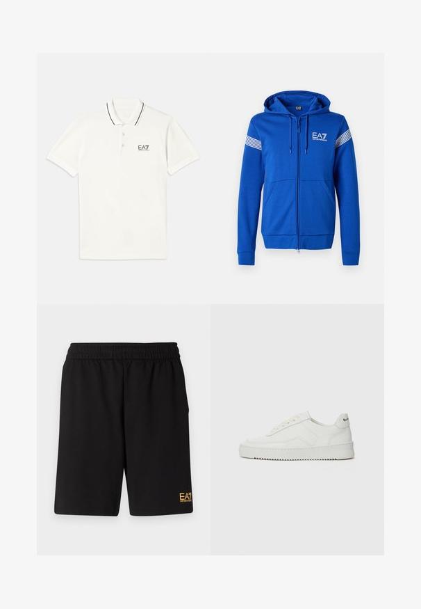 Sinine tõmblukkudega kapuutsiga sviiter, millel on valge EA7 logo, kaks eesmist taskut ja triibulised detailid varrukatel. Pehme kangatekstuuri tunne.; Valge lühikeste varrukatega polo särk, kahe nupuga krae, mustade ribade aktsentidega ja väikese musta EA7 logoga rinna peal. Puuvillane materjal.; Mustad mustad lühikesed püksid, mis on valmistatud pehmest kangast. Omavad elastset vöökohta ja väikest kollast EA7 logo vasakul jalal.; Valge nahast tennis, millel on sile põhi, ümar varvas, lamedad nöörid ja tekstuuriline tall. Sisaldab diskreetset logo kontsaribal.