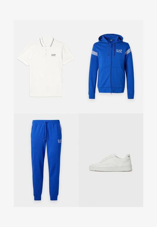 Blå zip-up hoodie med hætte, som har et hvidt EA7-logo, to forlommer og stribede detaljer på ærmerne. Blød tekstur.; Hvid polo shirt med korte ærmer, krave med to knapper, sortstribede detaljer og et lille sort EA7-logo på brystet. Fremstillet af bomuldsmateriale.; Blå sweatpants lavet af blødt stof med elastisk talje og snørebånd. Har et logo på benet og stribede sidelommer.; Hvide lædersneakers med en glat overflade, rund tå, flade snørebånd og en tekstureret sål. Har et diskret logo på hælen.