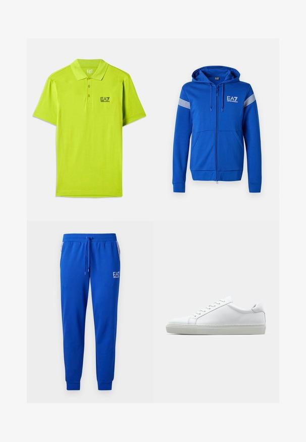 Sinine tõmblukkudega kapuutsiga sviiter, millel on valge EA7 logo, kaks eesmist taskut ja triibulised detailid varrukatel. Pehme kangatekstuuri tunne.; Erguline roheline polo särk, mis on valmistatud pehmest kangast, sisaldab klassikalist krae, kolme nööbiga avamist ja musta EA7 logo rinnal.; PeNAVAL sinised dressipüksid, mis on valmistatud pehmest kangast, elastse vöökoha ja kummipaelaga. Omab logot jalal ja triibulisi küljetaskuid.; Valge tennisetoss, millel on sile nahk pealis ja madal profiil. Omab ümarat ninaosa, kuut silmust ja tekstuuriga kummist talda.