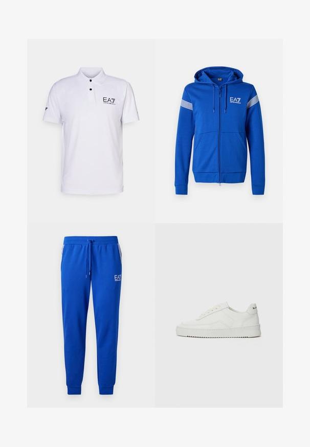 Blauwe ritsjack met capuchon, voorzien van een wit EA7-logo, twee voorzakken en gestreepte accenten op de mouwen. Zachte stofstructuur.; Witte polo met textuurstof, voorzien van een twee-knoopsluiting, zwart EA7-logo op de borst en korte mouwen met accentdetail.; Blauwe sweatpants van zachte stof met een elastische tailleband en een trekkoord. Heeft een logo op het been en gestreepte zijzakken.; Witte leren sneaker met een gladde afwerking, ronde neus, platte veters en een gestructureerde zool. Kenmerkt zich door een subtiel logo op de hiel.