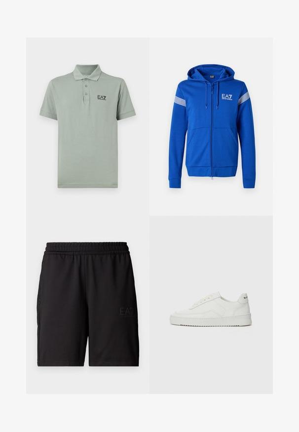 Kék, cipzáros kapucnis felső, fehér EA7 logóval, két elülső zsebbel és csíkozott díszítéssel a karokon. Puha textúrájú anyag.; Világoszöld pólóing, rövid ujjú, három gombos kivágással és egy fekete hímzett EA7 logóval a bal mellrészen. Simára szőtt pamutszövet.; Fekete sportnadrág könnyű anyagból, rugalmas derékkal és hálós oldalsó panelek. Márkájának logója az elülső részen található.; Fehér bőr sportcipő sima felülettel, kerek orral, lapos fűzőkkel és texturált talppal. Finom logó található a sarokon.