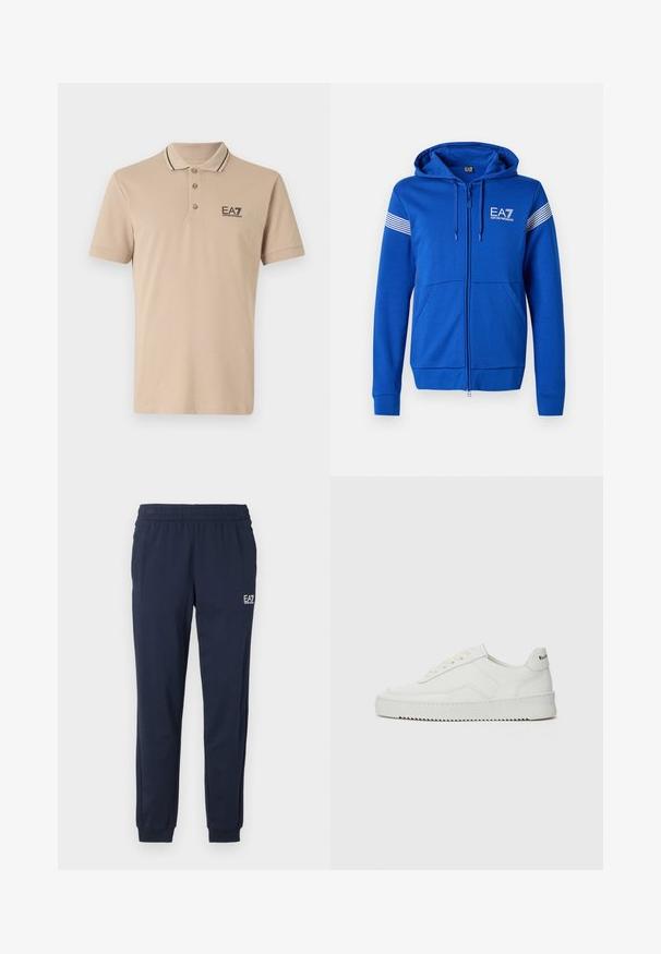 Blaues Zip-Hoodie mit Kapuze, das ein weißes EA7-Logo, zwei Fronttaschen und gestreifte Akzente an den Ärmeln aufweist. Weicher Stoffeindruck.; Beige Poloshirt aus Baumwolle mit schwarzem geripptem Kragen, dreiknöpfiger Knopfleiste und EA7-Logo. Glatte Textur mit kurzen Ärmeln.; Marineblaue Jogginghosen mit elastischem Bund und Bündchen. Besitzt ein kleines weißes Logo am linken Bein. Hergestellt aus einem weichen, dehnbaren Material.; Weiße Ledersneaker mit glatter Oberfläche, runder Zehenpartie, flachen Schnürsenkeln und strukturiertem Sohlenprofil. Mit einem dezenten Logo an der Ferse.