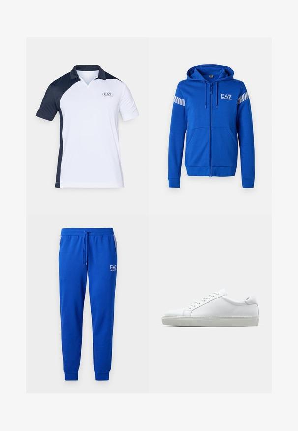Blue zip-up hoodie with a hood, featuring a white EA7 logo, two front pockets, and striped accents on the sleeves. Soft fabric texture.; Short-sleeve polo shirt featuring a navy blue and white color block design, a ribbed collar, and a small EA7 logo on the chest.; Blue sweatpants made of soft fabric with an elastic waistband and drawstring. Features a logo on the leg and striped side pockets.; White sneaker with a smooth leather upper and a low profile. Features a rounded toe, six eyelets, and a textured rubber sole.