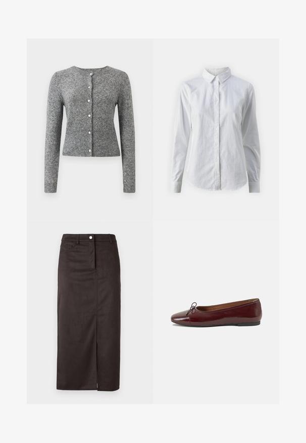 Gray knit cardigan with long sleeves, round neckline, and six button placket. Features a ribbed hem and texture throughout the fabric.; White button-up shirt made of smooth cotton, featuring a classic collar, long sleeves, and a curved hem. Buttons are small and white.; Brown, knee-length skirt made of smooth fabric. Features a front slit, button closure, and side pockets for added functionality.; Burgundy patent leather ballet flat with a rounded toe, small bow accent at the front, and a low, black rubber sole. Smooth texture.