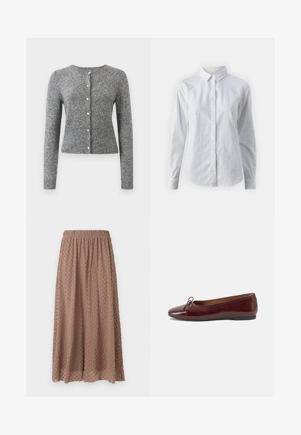 Gray knit cardigan with long sleeves, round neckline, and six button placket. Features a ribbed hem and texture throughout the fabric.; White button-up shirt made of smooth cotton, featuring a classic collar, long sleeves, and a curved hem. Buttons are small and white.; Brown, knee-length skirt with an elastic waistband, textured fabric featuring a diamond pattern in a lighter tone, lightweight and flowy.; Burgundy patent leather ballet flat with a rounded toe, small bow accent at the front, and a low, black rubber sole. Smooth texture.